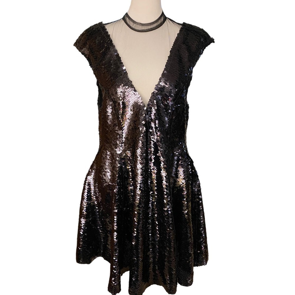 Free People Womens Black Combo Dance Til Dawn Sequin Dress V Neck Cap Sleeve M